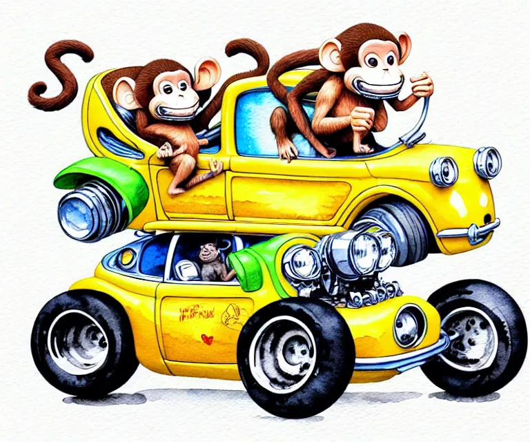 Image similar to cute and funny, monkey riding in a tiny hot rod with oversized engine, ratfink style by ed roth, centered award winning watercolor pen illustration, isometric illustration by chihiro iwasaki, edited by range murata, tiny details by artgerm, symmetrically isometrically centered