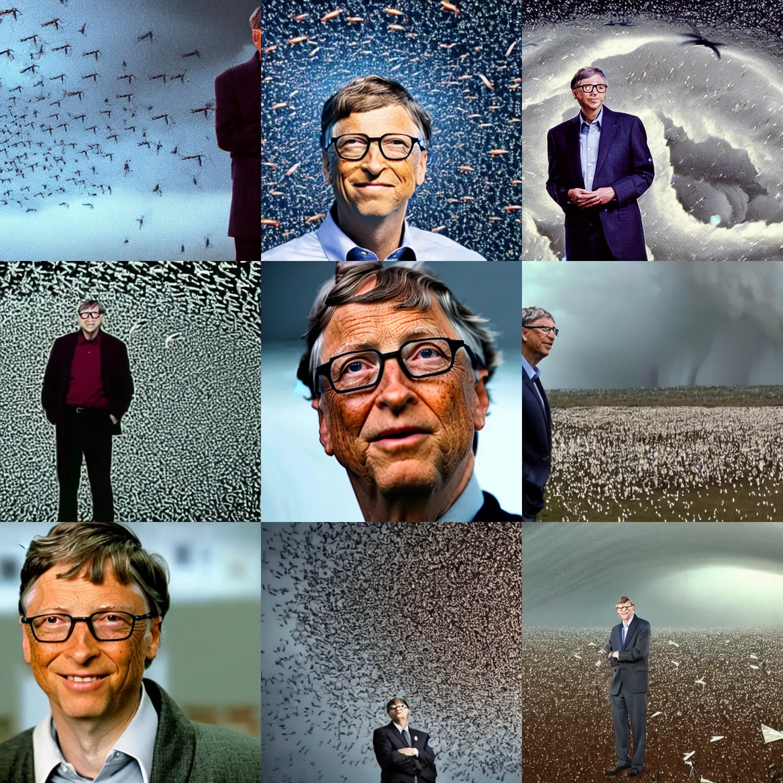 Prompt: bill gates standing in the eye of a tornado of flies, cinematography