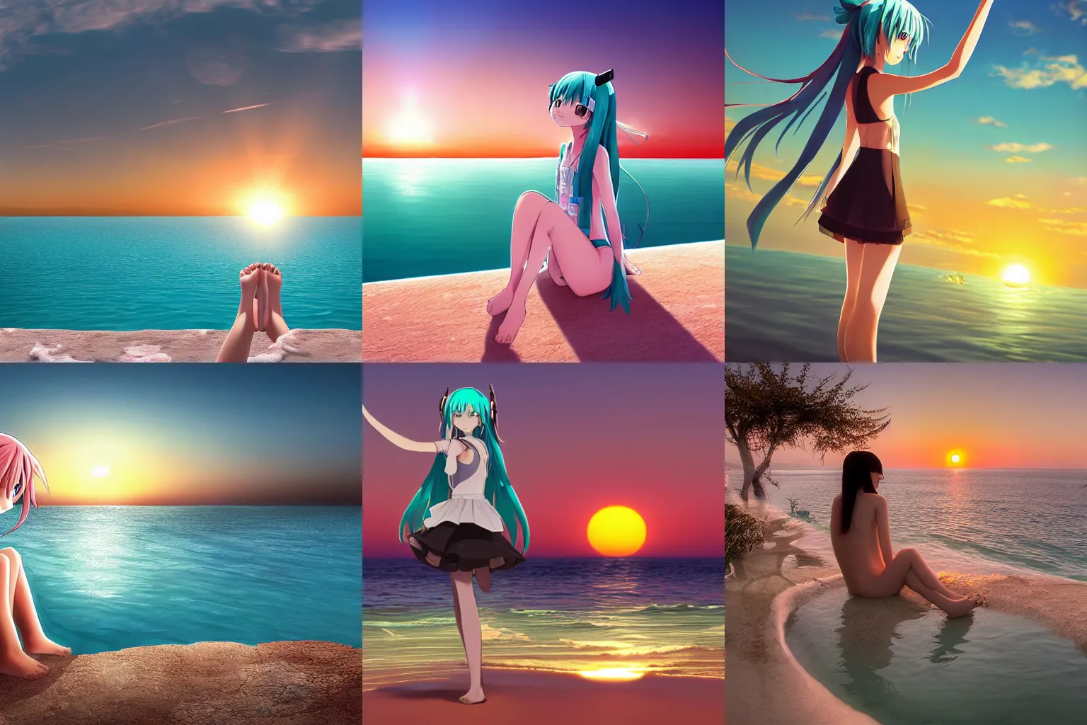 Prompt: Hatsune Miku stand bare foot in the Dead Sea with the sun setting, Hatsune Miku, Makoto Shinkai, landscape, setting sun