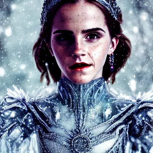 Image similar to portrait shot, emma watson as the queen of ice, ice crystal armor, snow falling, 4 k, digital art, trending on art station, hd, doll, colorful backdrop, film grain, gritty, high res, high detail, 8 k, render