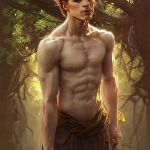 Image similar to emma watson portrait of forest gog, male, clear face, symetrical, masculine, full body, muscular, fantasy, intricate, elegant, highly detailed, digital painting, artstation, concept art, matte, sharp focus, illustration, art by artgerm and greg rutkowski and alphonse mucha