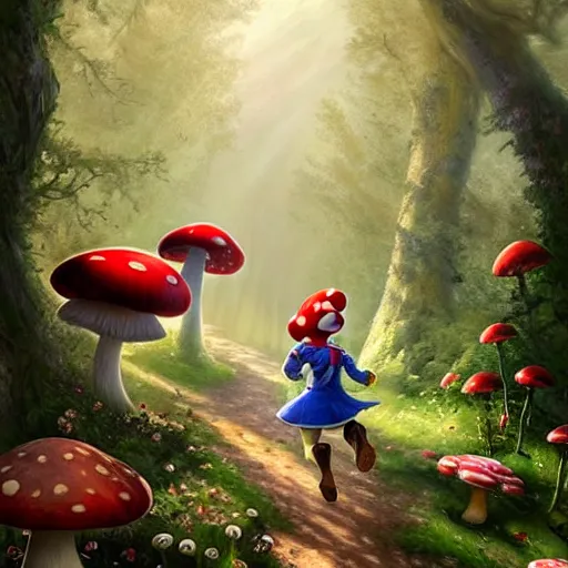 Image similar to portrait of Toad, running through a forest, in the Mushroom Kingdom, giant red and white spotted mushrooms, and roses, from behind, Castle in distance, birds in the sky, sunlight and rays of light shining through trees, beautiful, solarpunk!!!, highly detailed, digital painting by Michael Garmash and Peter Mohrbacher