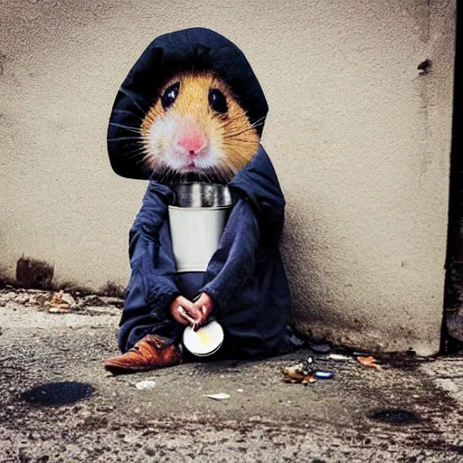 Image similar to “ hamster dressed as a homeless person sitting at an intersection with arms stretched out holding a tin can, trash on ground, sad atmosphere ”