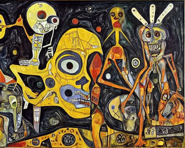 Image similar to a painting of guernica with aliens and robots by graham sutherland, egon schiele, gustav klimt, neo - expressionism