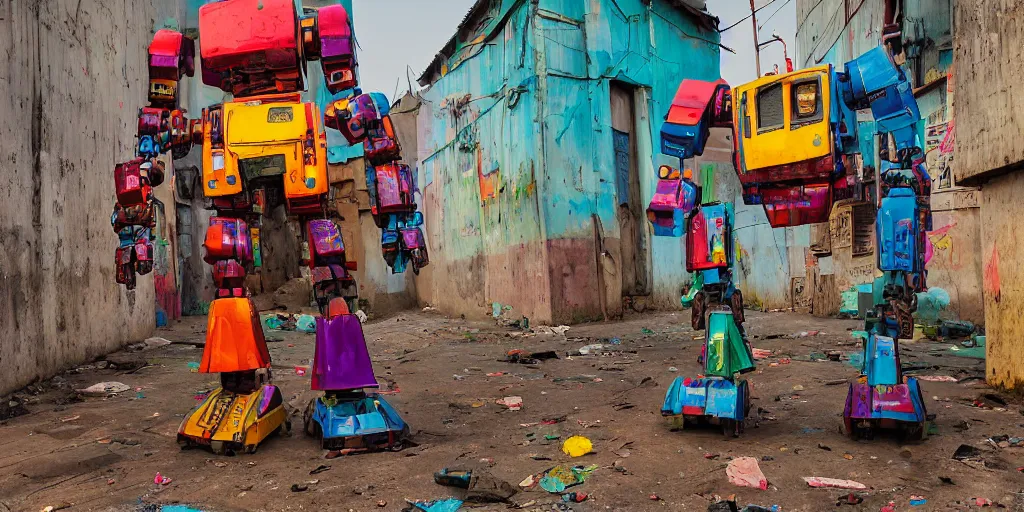 Image similar to colourful - damaged - giant mecha ROBOT of AJEGUNLE SLUMS (neon lit) of Lagos, markings on robot, Golden Hour,