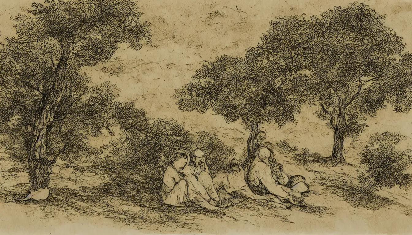 Prompt: two people sit together on a hill while wind blows in the trees, yellowed paper, pen and ink, 1 5 0 0 s, 8 k resolution