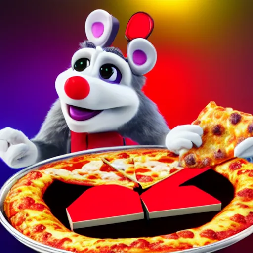Prompt: 3d render of Chuck E Cheese holding a pizza, unreal engine