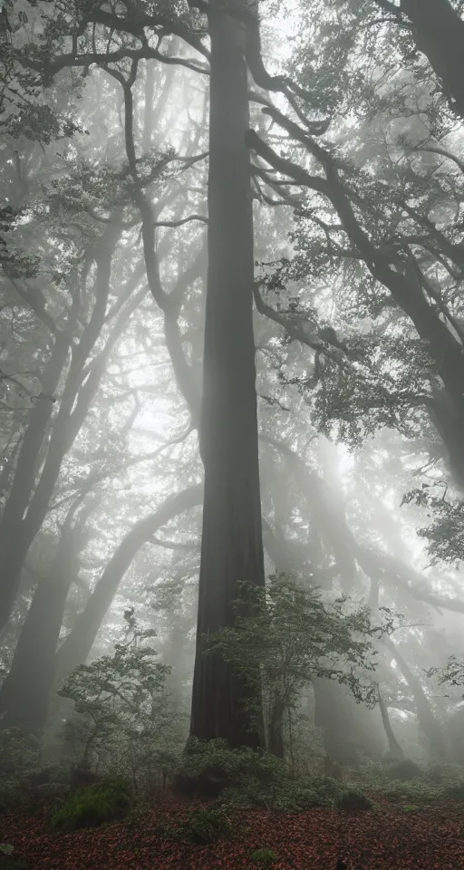 Image similar to a beautiful Manhattan brownstone in the middle of the redwood forest, foggy, magic hour, backlit, beams of light, godrays