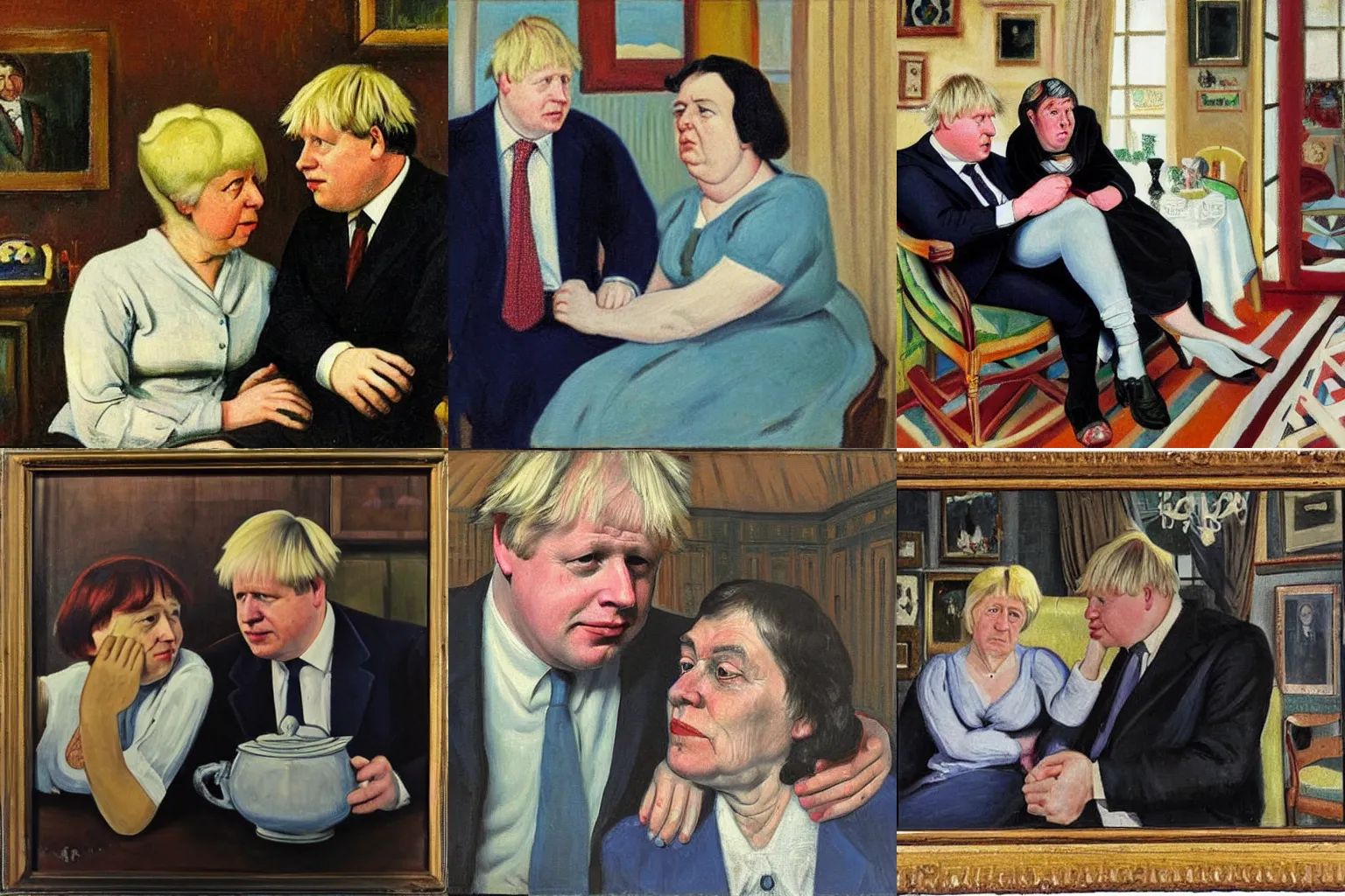 Prompt: Boris Johnson with watery eyes with his mother consoling him in a victorian interior in the style of Charley Toorop