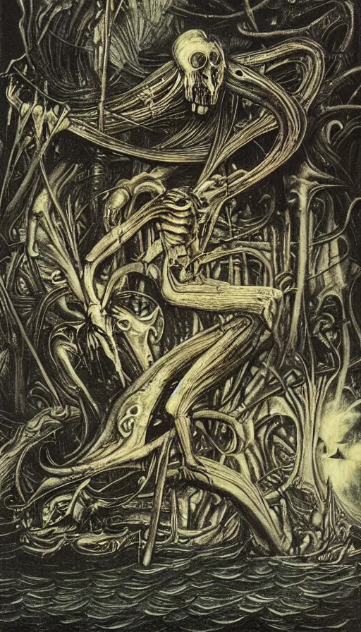 Image similar to man on boat crossing a body of water in hell with creatures in the water, sea of souls, by hr giger