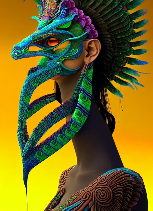 Image similar to 3 d goddess profile portrait. beautiful intricate highly detailed quetzalcoatl mask and feathers. ahuizotl, atotolin, bioluminescent, plasma, lava, ice, water, wind, creature, jungle, artwork by tooth wu and wlop and beeple and greg rutkowski, 8 k trending on artstation,