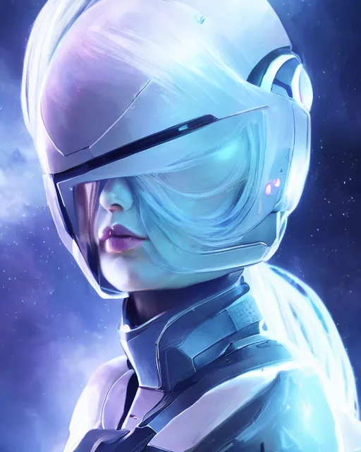 Image similar to perfect android girl on a mothership, warframe armor, beautiful face, scifi, futuristic, galaxy, nebula, raytracing, dreamy, long white hair, blue cyborg eyes, sharp focus, cinematic lighting, highly detailed, artstation, divine, by gauthier leblanc, kazuya takahashi, huifeng huang