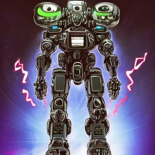Image similar to a _ full _ body _ shot _ of _ an _ imposing _ cyborg mecha gorrila modeled _ after _ a _ futuristic solar punk technology mecha suit _ with _ glowing _ eyes _ with _ glowing _ eyes _ looking _ into _ the _ camera _ android _ cyborgglowin - h _ 9 4 0