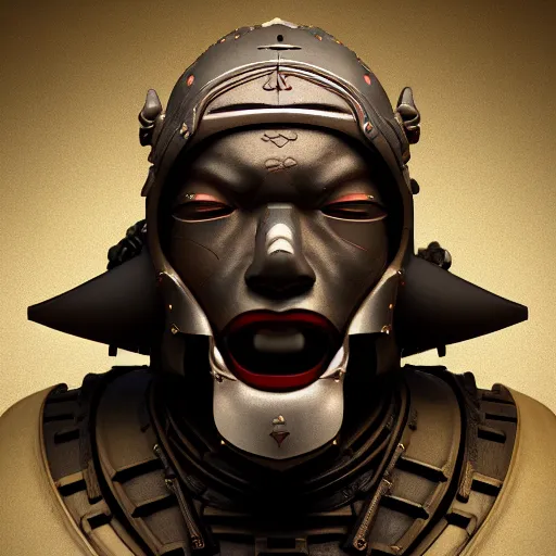 Image similar to portrait of a bust of a samurai head with mask and futuristic fashion elements created by yuuki morita, brilliantly colored, modern art, octane render, 3 d animated, unreal engine 5, studio lighting, smooth surface