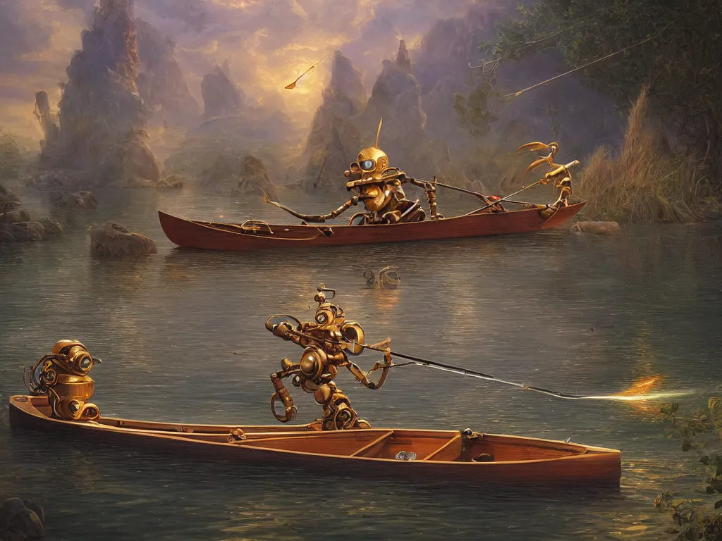 Image similar to simple retro robot, fishing in a wooden canoe, whimsical, highly detailed, michael cheval, peter mohrbacher, boris vallejo, jessica rossier, oil painting, highly detailed, cinematic lighting, tilt shift, golden hour