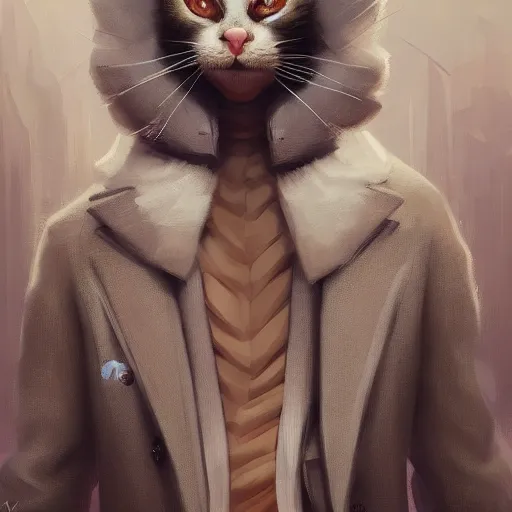 Prompt: cute fashion vogue kittycat man man wearing a cat costume wearing a tuxedo ripped physique anna podedworna gerald brom bastien grivet greg rutkowski portrait