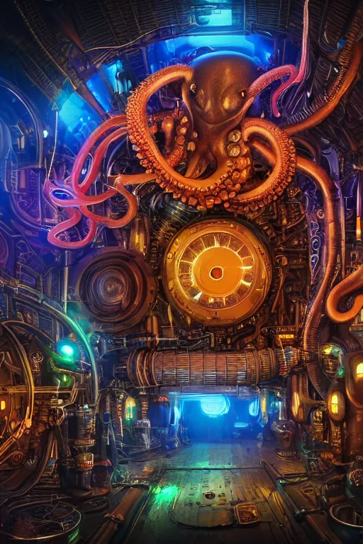 Image similar to portrait of humongous cyberpunk octopus inside a huge steampunk engine, symmetric, body full glowing vacuum tubes, realistic digital art, 3 d render of futuristic steampunk generators, 8 k, fluorescent colors, halluzinogenic, multicolored, exaggerated detailed, unreal engine