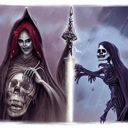Image similar to a tarot card of a two female necromancers, raising skeletons, ominous nighttime storm, fantasy, d & d, intricate, elegant, highly detailed, digital painting, artstation, concept art, matte, sharp focus, illustration, art in the style of disney