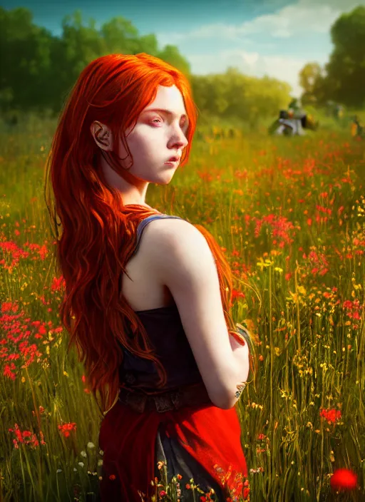 Image similar to An epic fantasy comic book style portrait painting of a young red headed girl with a small golden bee tattoo on her shoulder in a field of flowers , unreal 5, DAZ, hyperrealistic, octane render, cosplay, RPG portrait, dynamic lighting