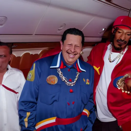 Image similar to hugo chavez smoking with snoop dog in a party inside a private jet, realistic render, award winning photography, very coherent, many details, venezuelan flag, detailed faces