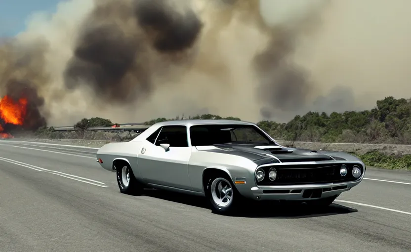 Prompt: a silver 1 9 7 0 plymouth ‘ cuda hemi super track pack driving on a freeway. fire explosion in the background, action scen. realistic. high resolution. dramatic