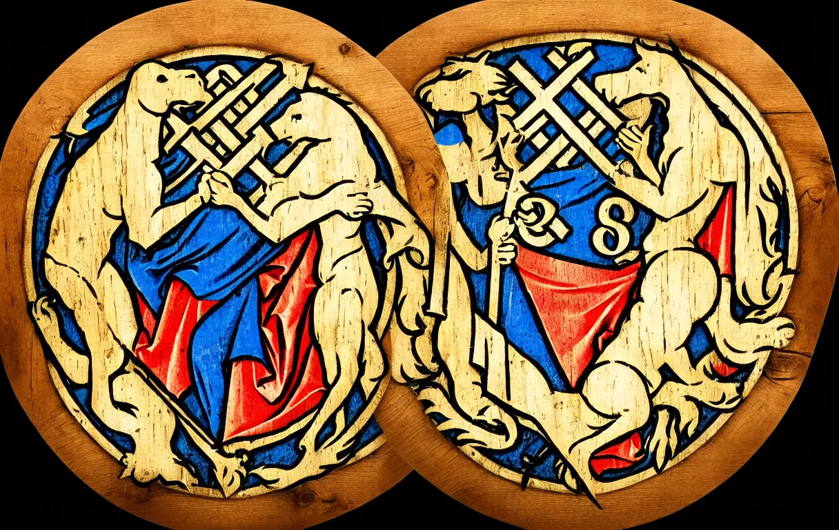 Prompt: medieval coat of arms containing the symbols of the five manna values from magic the gathering on a wooden shield