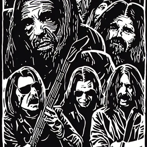 Prompt: a linocut engraving of black sabbath playing a concert