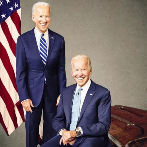 Image similar to A portrait photo of joe biden teams up with a teenage joe biden, perfect faces, 50 mm, award winning photography