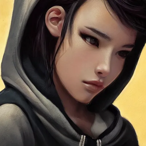 Prompt: cassandra cain in a hoodie and shorts, sitting in a dark movie theater, wearing makeup bokeh, beautiful face!!!!, 2 7 years old, cg animation, lifelike, animated, realistic, character select portrait, by artgerm, greg rutkowski, 3 d