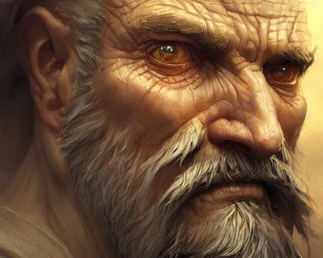 Prompt: close up highly detailed old man face, deep focus, d & d, fantasy, intricate, elegant, highly detailed, digital painting, artstation, concept art, matte, sharp focus, illustration, hearthstone, art by artgerm and greg rutkowski and alphonse mucha