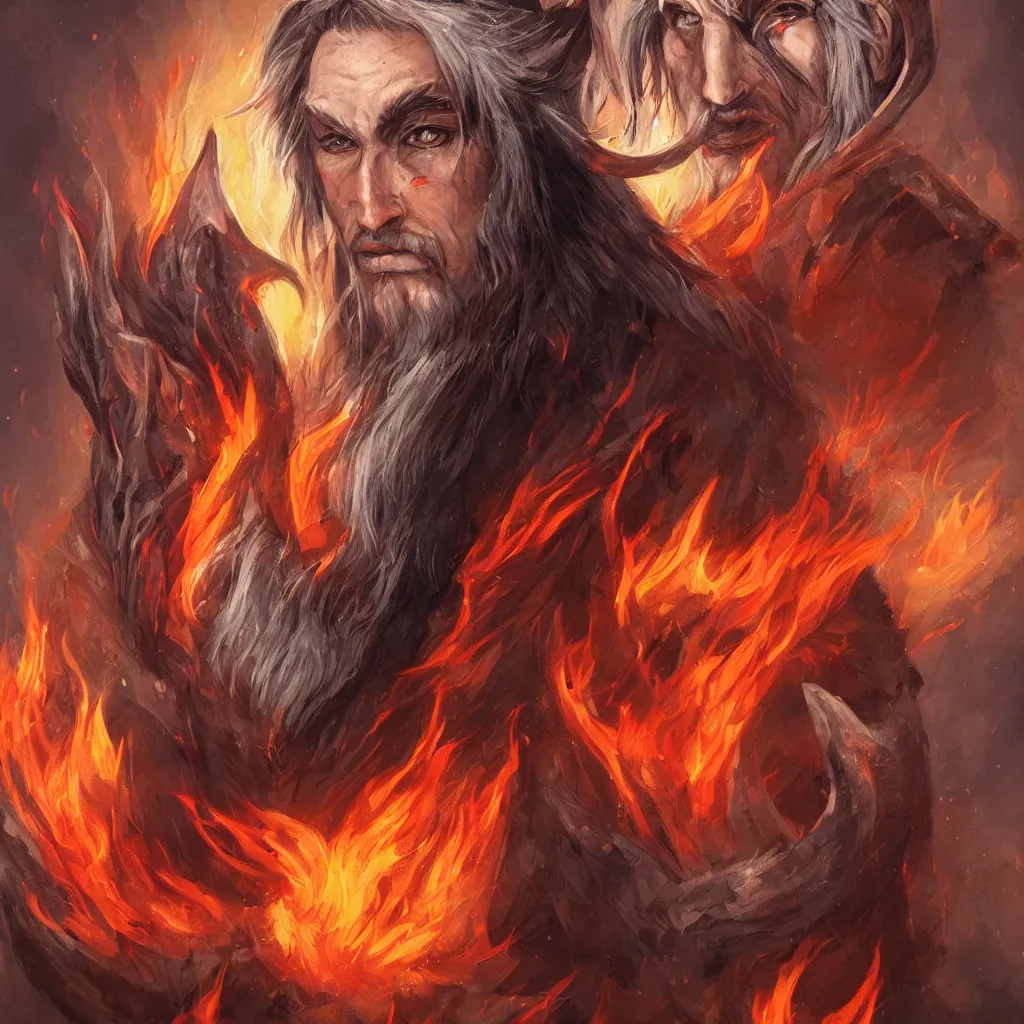 Image similar to wildfire druid portrait d & d male black hair with red flame cardinal