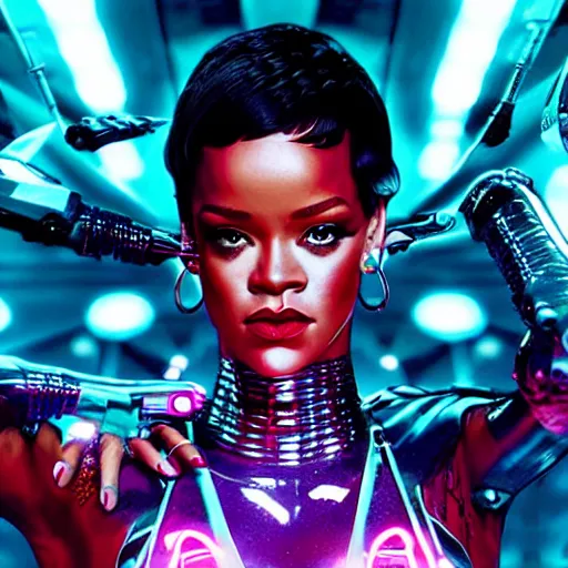 Image similar to portrait of rihanna as a cyborg in a futuristic city, surrounded by neon lights, cinematic, fantasy