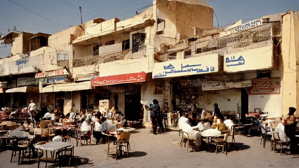 Prompt: colour photograph of a cafe in central baghdad in the 1 9 6 0 s + fujifilm