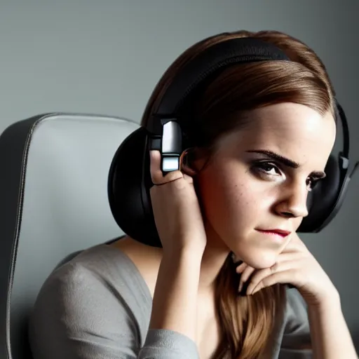 Image similar to emma watson wearing a gaming headset photo sitting on gaming chair dramatic lighting