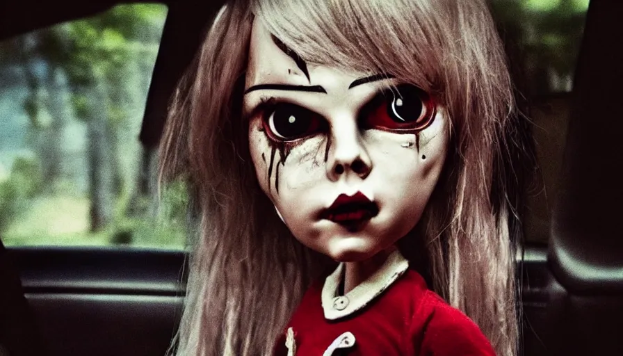 Image similar to big budget horror movie about an evil killer doll hiding in the back of a woman's car