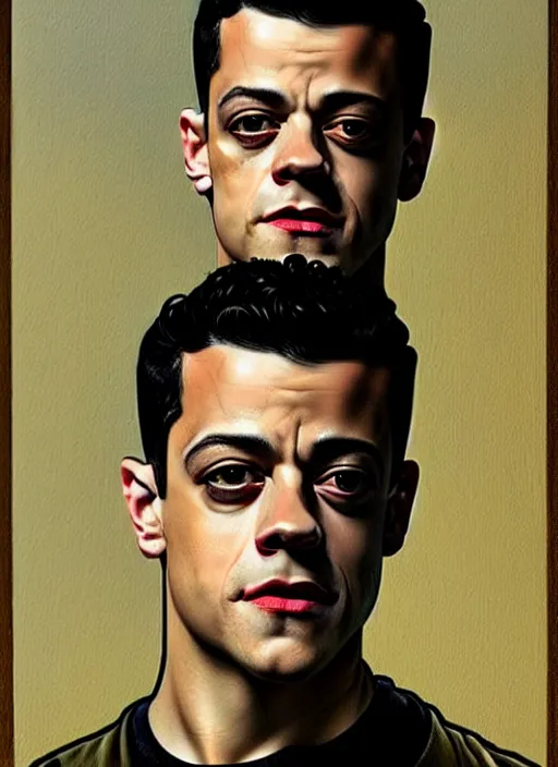 Prompt: oil portrait of rami malek as elliot alderson, intricate, elegant, highly detailed, lighting, painting, artstation, smooth, illustration, art by greg rutowski and alphonse mucha