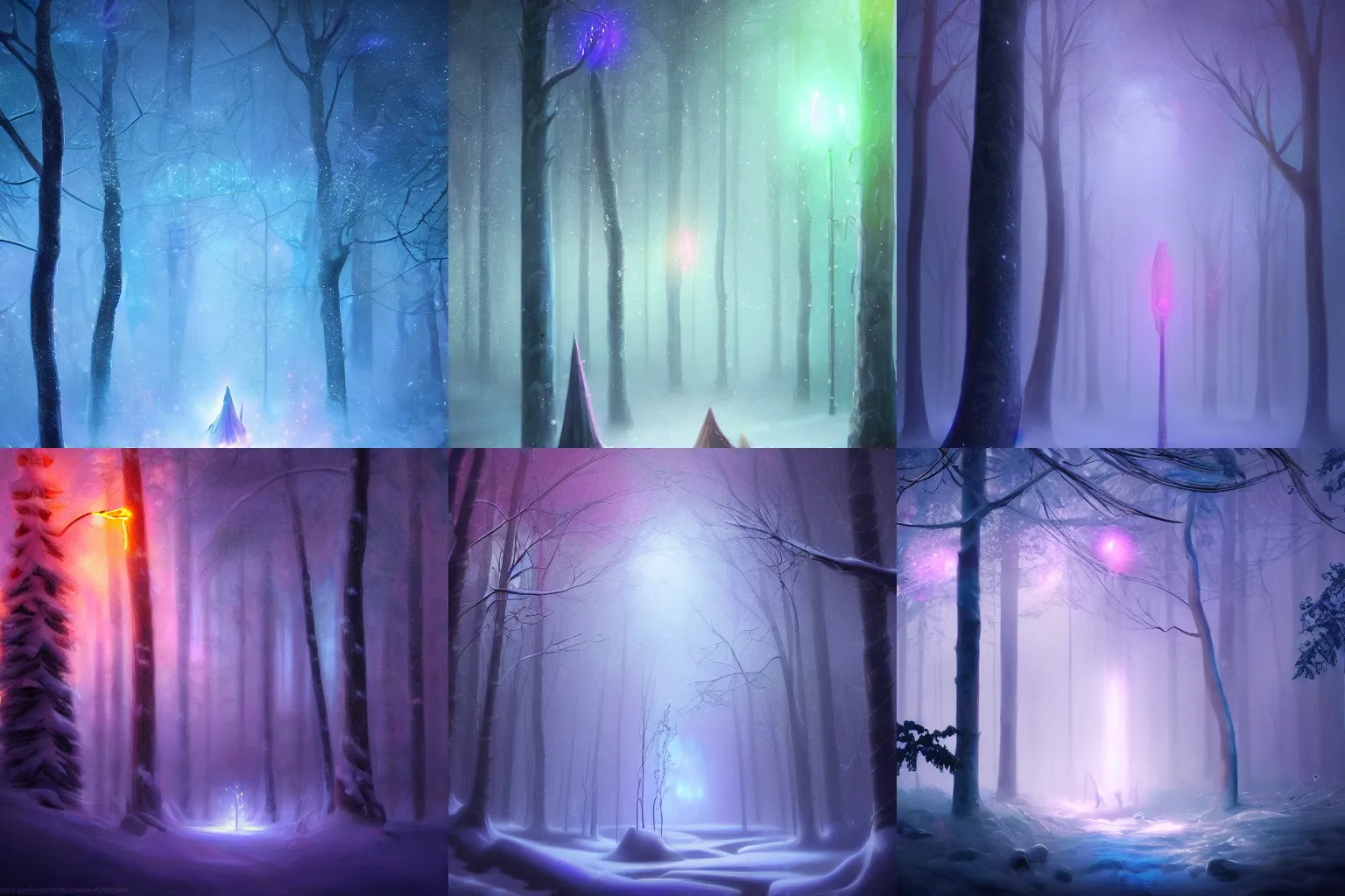 Prompt: beautiful picture of a magical lights glowing different colours everywhere in the centre of blizzard in an enchanted beautiful forest, fantasy art, trending on artstation, cgsociety, nice composition, great fantasy mood