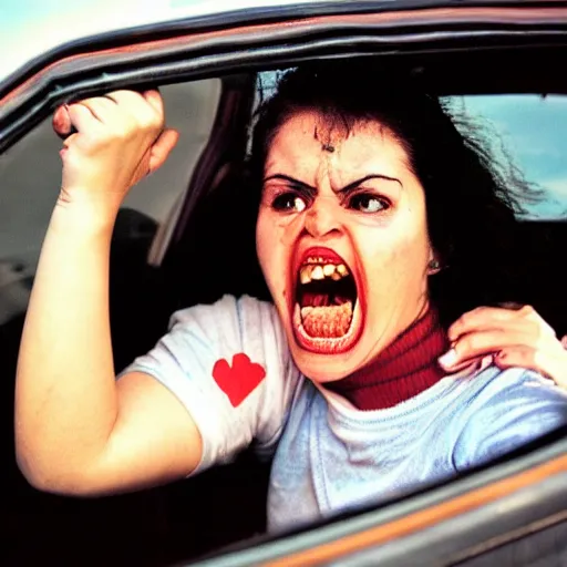 Prompt: Angry woman hold up in her hand BMW e30