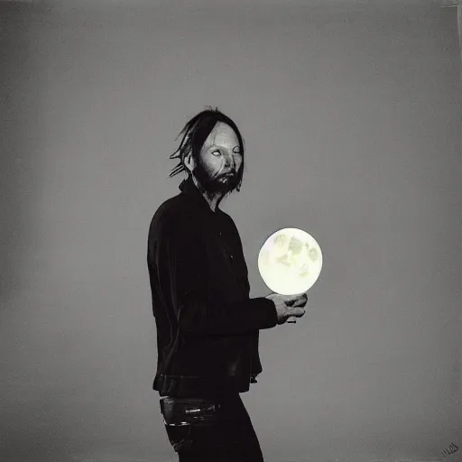 Prompt: Radiohead, Radiohead, Thom, holding the moon upon a stick, with a beard and a black jacket, a portrait by John E. Berninger, dribble, neo-expressionism, uhd image, studio portrait, 1990s