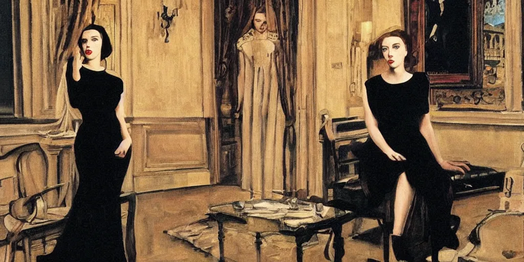 Image similar to Scarlett Johansson in a painting by Paul Delvaux