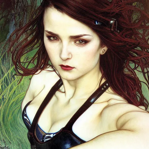 Prompt: Portrait of Tifa Lockheart with long dark brown hair and a white short top and black suspenders and kickboxing gloves drawn by Donato Giancola and Tom Bagshaw, face by Artgerm, overall design by Alphonse Mucha, background by James Jean and Gustav Klimt, light by Julie Bell, 4k, porcelain skin, komorebi, french nouveau, trending on artstation, octane render, hyperrealistic