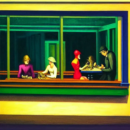 Prompt: “ nighthawks by edward hopper, but with dogs in the cafe.