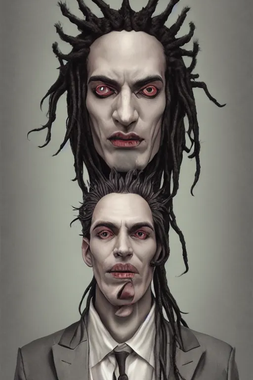 Prompt: vaporwave, an elegant sophisticated gothic king with long wild dreads, straight on, by artgerm, jamie hewlett, tom bagshaw, gerald brom, 4 k, smooth, hd, substance designer render, full body character concept art, cel shading, toon shading,