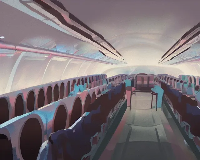 Prompt: Nightclub inside a widebody plane, concept art, digital painting