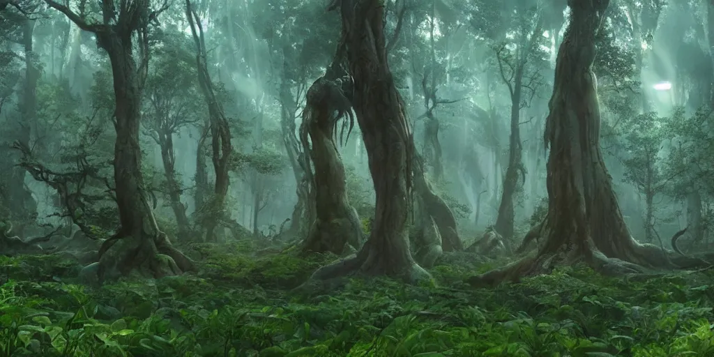 Image similar to giant liquid spirit monster!!!, forest treetops, 4 k, high detail, dramatic lighting, sunset, hayao miyazaki, masashi ando, nizou yamamoto, kazuo oga, joe hisaishi, yoji takeshige, naoya tanaka