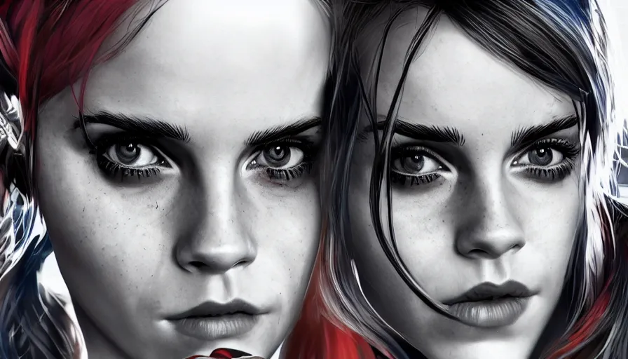 Prompt: Emma Watson is Harley Quinn, hyperdetailed, artstation, cgsociety, 8k