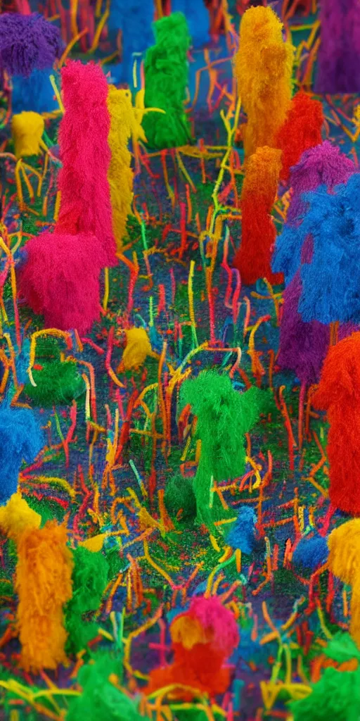 Image similar to group of giant rainbow-colored people dancing in a forest made out of fluffy pipecleaners in the style of Jean-Michel Basquiat, 3D cinematic lighting, spotlight at a 90 DEGREE ANGLE, photorealism, octane render, depth of field, 8k, 35mm, artgem, Trending on artstation