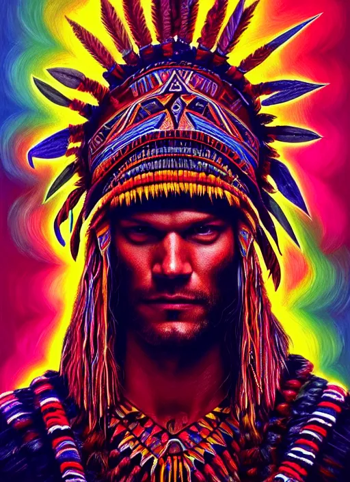 Image similar to portrait of jared padalecki, hyper detailed ultra sharp aztec shaman warrior. trending on artstation, warpaint aesthetic, bloodwave, colorful, psychedelic, ornate, intricate, digital painting, concept art, smooth, sharp focus, illustration, art by artgerm and greg rutkowski and h. r. giger, 8 k