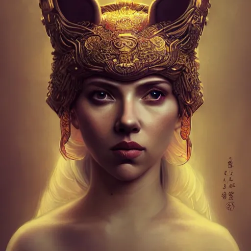 Prompt: a Photorealistic dramatic fantasy render of a beautiful scarlett johansson wearing a beautiful intricately detailed Japanese Fox Kitsune mask and clasical Japanese Kimono by WLOP,Artgerm,Greg Rutkowski,Alphonse Mucha, Beautiful dynamic dramatic dark moody lighting,shadows,cinematic atmosphere,Artstation,concept design art,Octane render,8K