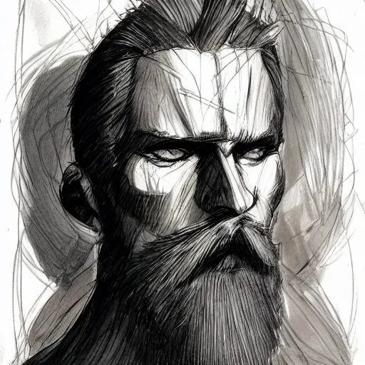 Image similar to very high angle view, very attractive man with beard, highly detailed full body, strong masculine features, slim, command presence, royalty, smooth, sharp focus, organic, appealing, book cover, deep shadows, by Dave McKean sketch lineart for character design